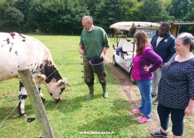 Séjour adapté jeune handicap mental à Jambville près de Paris. Visite de la ferme pédagogique à Mantes la Ville. Deux enfants observent une vache en train de manger.