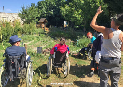 Séjour adapté PMR handicap Anaé Vacances à Jambville l'été 2022. Des vacancier en fauteuil roulant visitent le potager du Château de Jambville et écoutent les explications du guide.