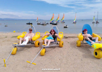 Des vacanciers à mobilité réduite dans des Tiralo vont se baigner à la mer à Hyères les Palmiers dans le Var. Séjour adapté PMR avec l'association Anaé Vacances.