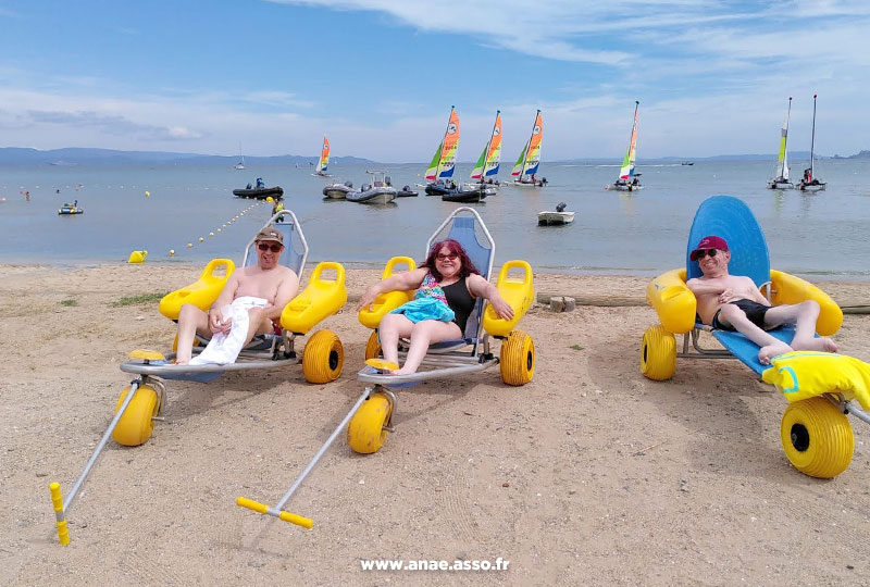 Des vacanciers à mobilité réduite dans des Tiralo vont se baigner à la mer à Hyères les Palmiers dans le Var. Séjour adapté PMR avec l'association Anaé Vacances.