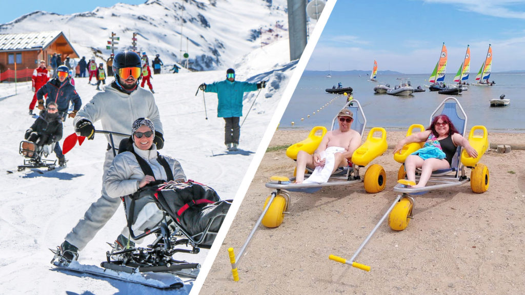 Séjours de vacances adaptées hiver et été avec l'association Anaé. Pratique du handiski et baignade avec Tiralo.