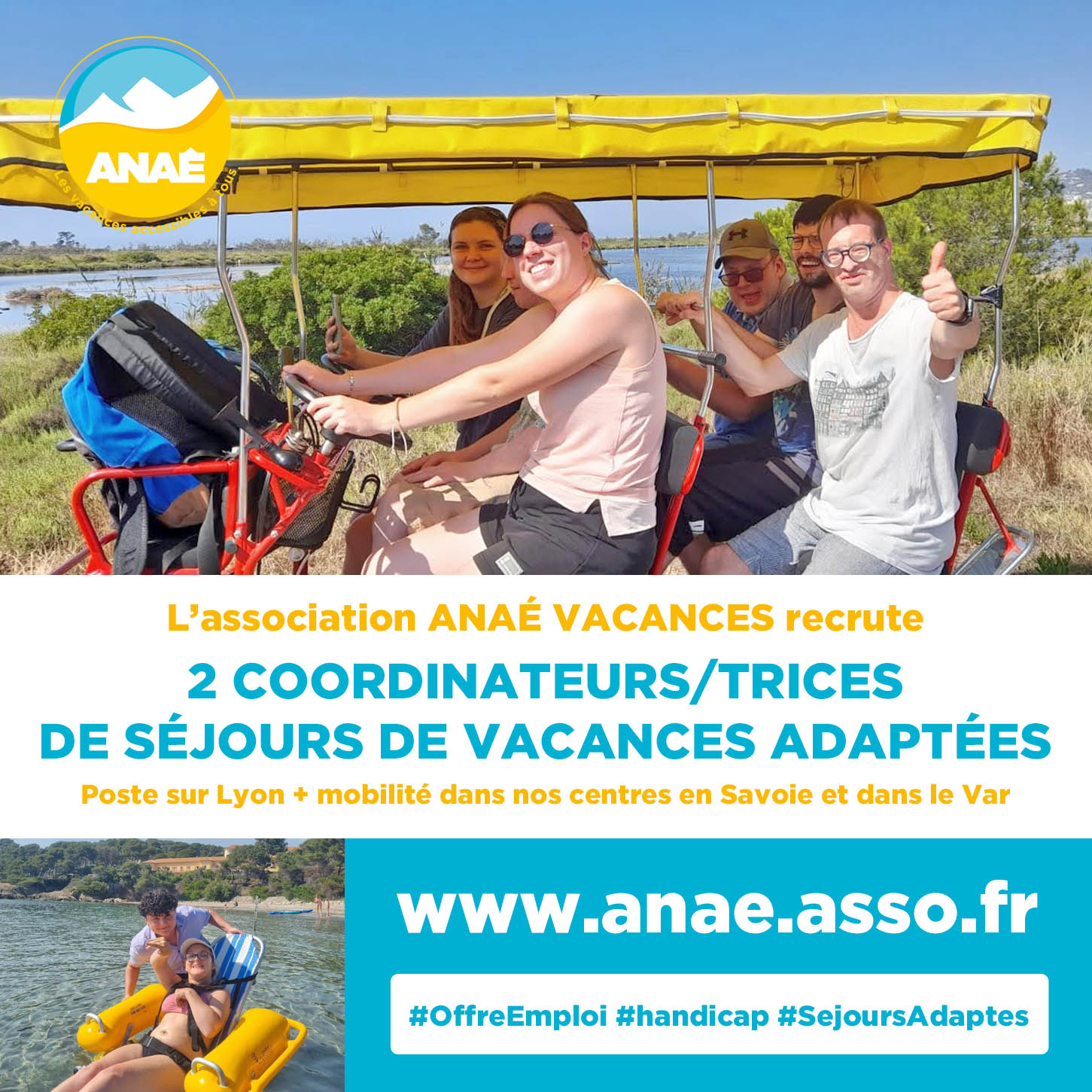 visuel offre emploi coordinateur des séjours de vacances adaptées pour fin 2023 avec l'association Anaé Vacances