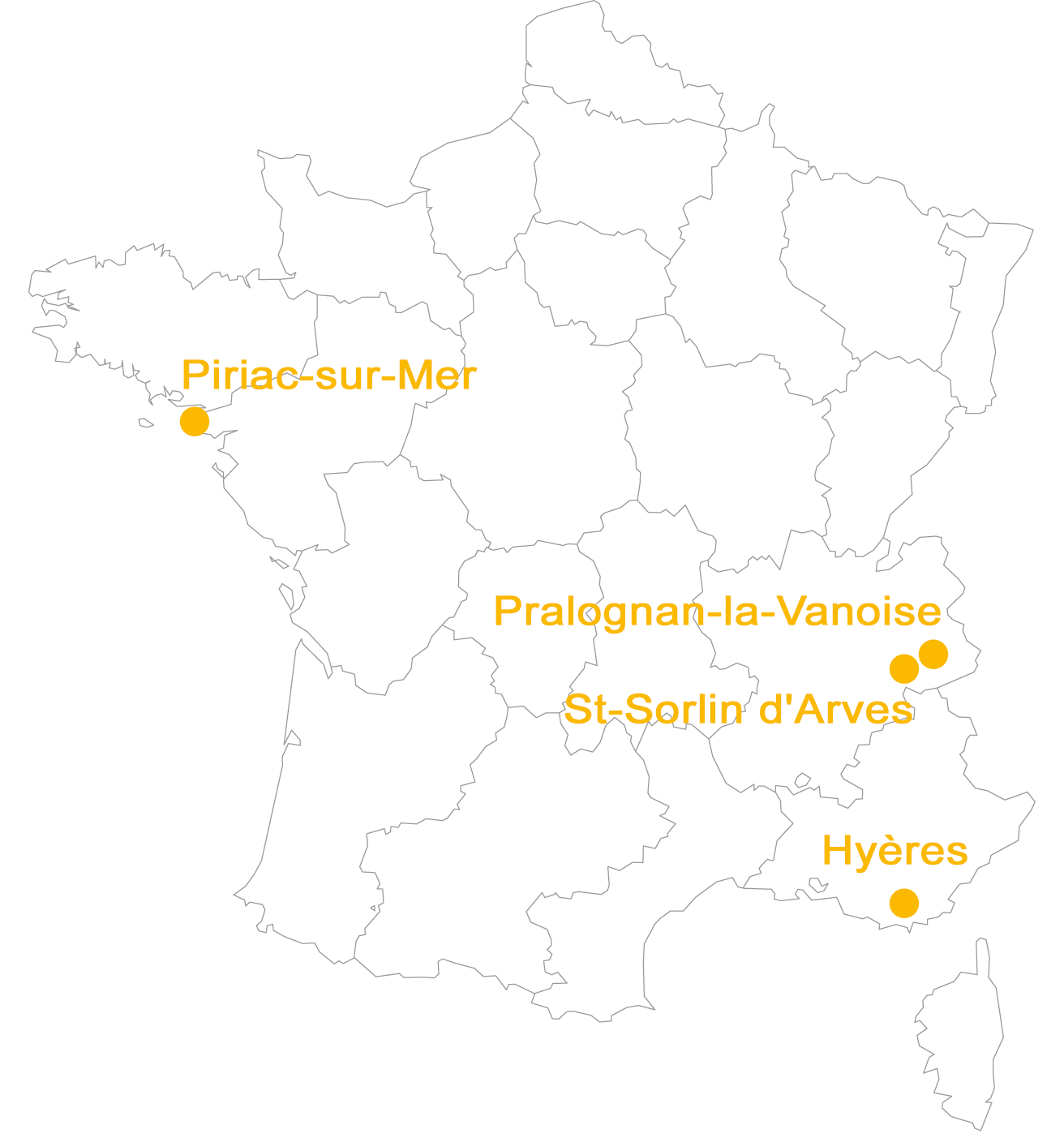 Carte de France des centres Anaé vacances en 2024. Ils sont situés à Piriac sur Mer en Loire-Atlantique, à Pralognan la Vanoise et à St-Sorlin d'Arves en Savoie et à Hyères-les-Palmiers dans le Var.