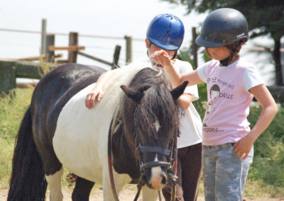 Activité ludique avec des poneys lors d'une colonie de vacances à la mer. Séjour Anaé La Rose des Vents à Piriac en Loire Atlantique.