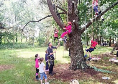 Activité grimpe dans les arbres lors d'une colonie de vacances à la mer. Séjour Anaé La Rose des Vents à Piriac en Loire Atlantique.