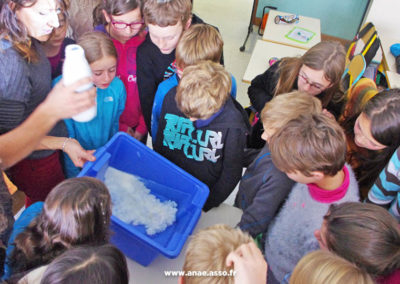 Un groupe d'élèves écoute une animatrice lors d'un atelier pédagogique sur les avalanches. Classe de neige avec Anaé Vacances.