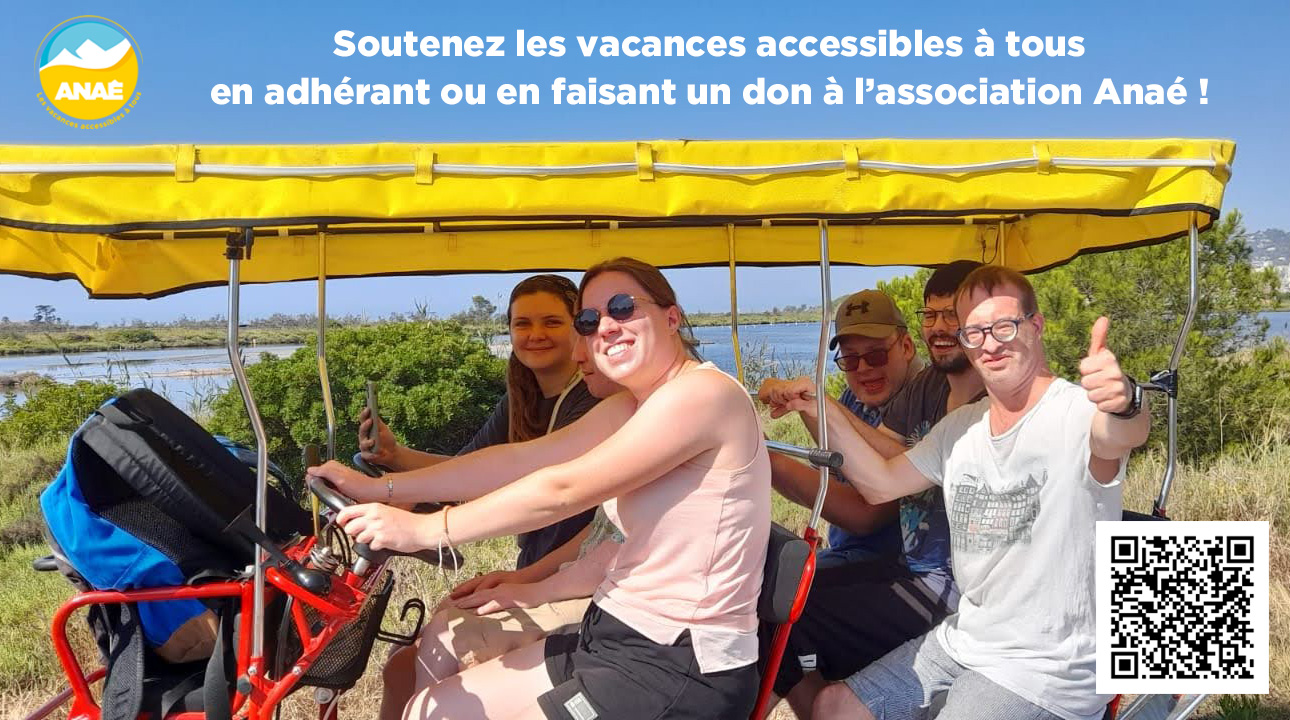 Vacances handicap pour personnes déficientes intellectuelles. QR code pour soutenir l'association Anaé en adhérant ou en faisant un don.