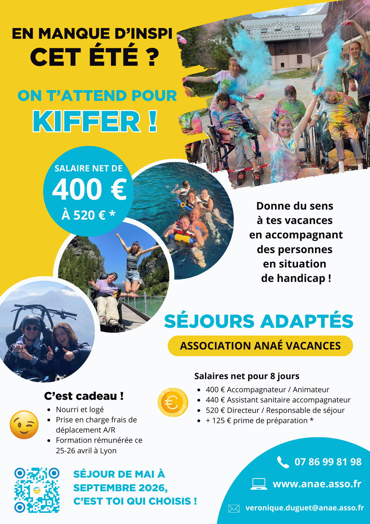 Flyer offre d'emploi séjours adaptés été 2024 de l'association Anaé Vacances pour recruter des accompagnateurs, des animateurs, des assistants sanitaires, des directeurs et des responsables de séjours.