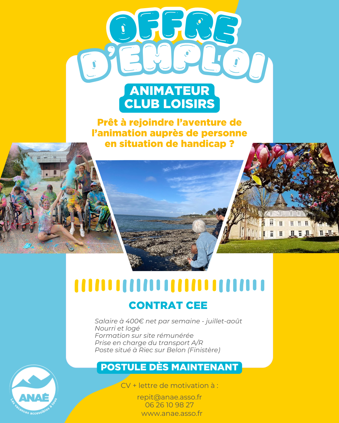 Publi recrutement animateurs séjours répit Visuel offre d'emploi séjours adaptés été 2024 de l'association Anaé Vacances pour recruter des accompagnateurs, des animateurs, des assistants sanitaires, des directeurs et des responsables de séjours.