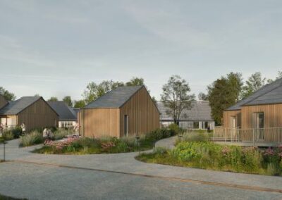 Image réalisée par l'architecte qui illustre le projet de Piriac. On voit des cottages entourés de jardin.
