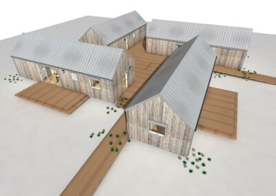 Illustration du projet de cottages PMR à Piriac : 4 cottage indépendants connectés par une terrasse